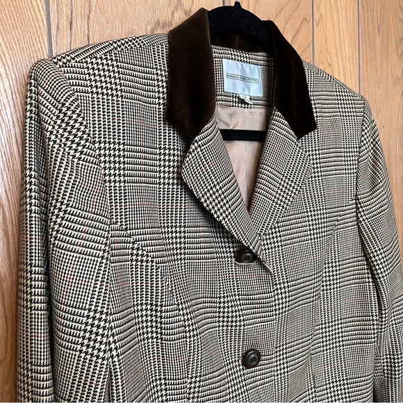 Amanda Smith Petites Preppy Houndstooth Plaid Boxy Blazer Velvet Trim Wool Blend - Picture 6 of 16